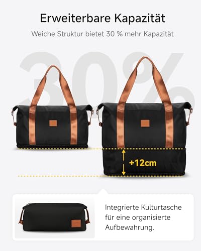 LUGGEX Reisetasche Handgepäck Tasche Ryanair Erweiterbare Weekender Damen Sporttasche mit Kulturbeutel Wasserabweisend Travel Duffle Bag 40×22×25 cm