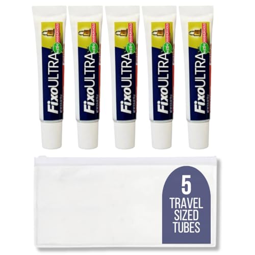 Spark Fixo Travel Sized/Pocket Sized Ultra Max Hold Denture Adhesive Cream Tubes TSA-Approved Travel Sized Denture Adhesive with 1 Dental Travel Zipper Pouch (Pack of 5 Tubes)