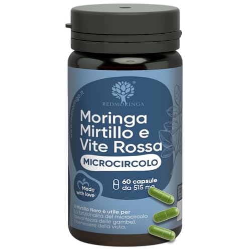 Integratore Microcircolo Gambe Mirtillo Nero e Vite Rossa con Moringa BIO - NUOVA FORMULA - Vite rossa Integratore Riduce Pesantezza e stimola Circolazione Gambe | 60 Capsule 100% Naturali RedMoringa