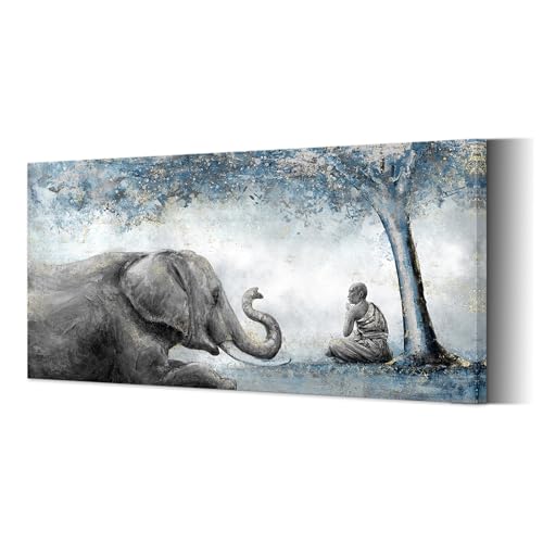 SkenoArt Human Animals at Peace Nature Canvas Wall Art for Living Room Decor Elephant with Monk in Tree Forest Painting Print Zen Picture Artwork Home Bedroom Bathroom Wall Decor Ready to Hang