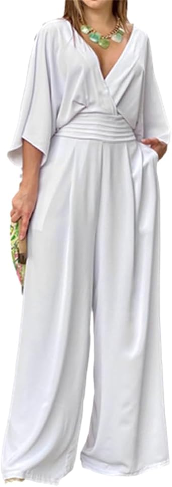 Jumpsuits for Women Plus Size Short Sleeve Casual Loose Wide Leg Jumpsuit Deep V Neck Rompers with Pockets