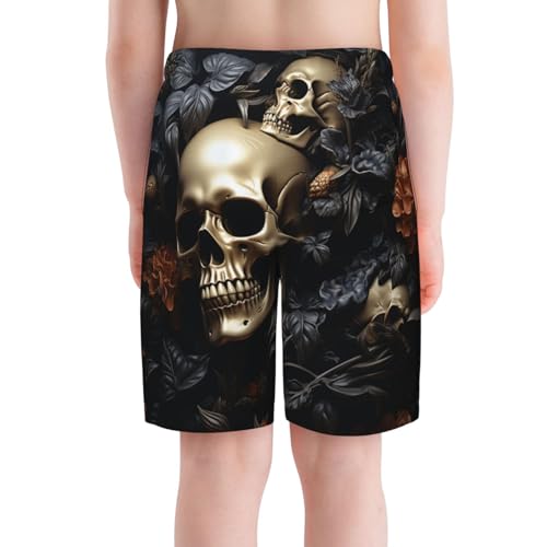 Boys Swim Trunks Beach Board Shorts Summer Bathing Suits Teen Kids, Cool Death Skull Art Black4