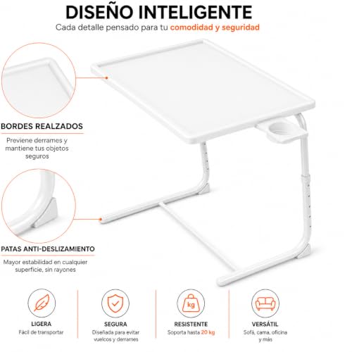 Miniatura 7 de T-Lovendo.Es Mesa Plegable Auxiliar Pequeña Portátil Con Altura Ajustable Comedor. Ideal Escritorio Ordenador Sofa Cama O Cocina. Con Posavasos. 3 Ángulos, 6 Alturas.