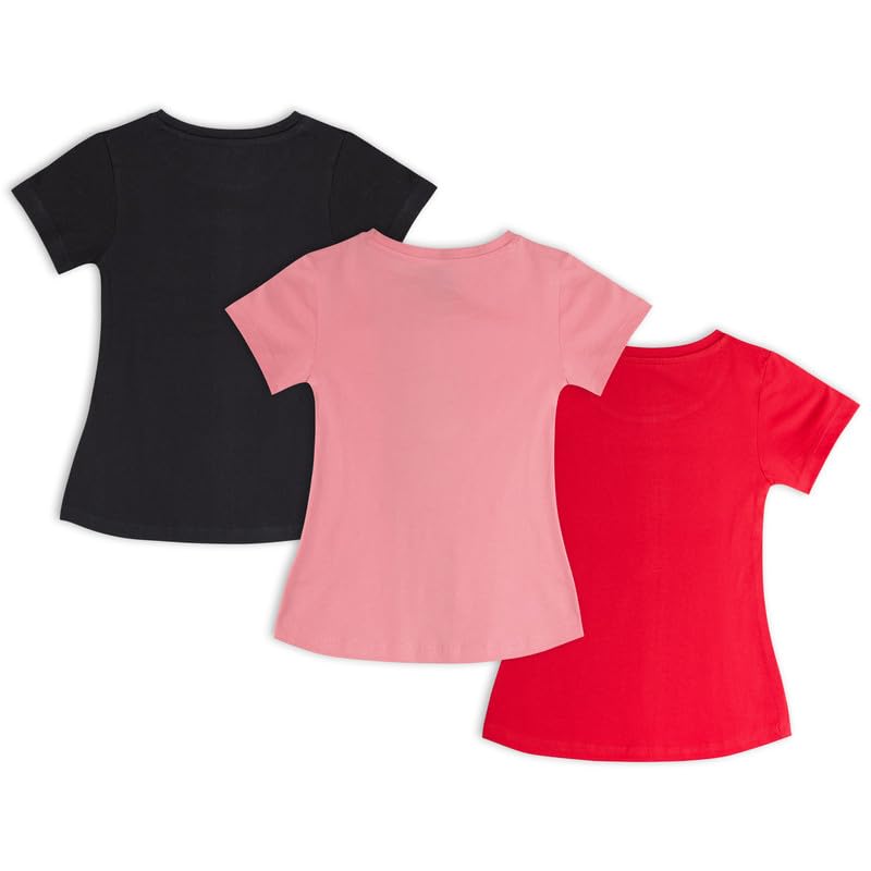 Image of Real Basics Cotton Regular Fit Half Sleeve Cotton T-Shirts for Girls - Round Neck Tops for Girl, Multicolor - Pack of 3