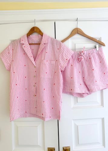 Image of Yiulangde Women's Easter Pajamas 2 Piece Sets Satin Short Sleeve Preppy Easter Eggs Bunny PJs Outfit Button Up Loungewear Set