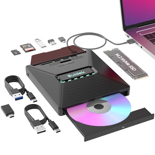 SUIDEK External CD DVD Drive for Laptop 7 in 1 Portable CD DVD +/-RW Burner Reader with M.2 NVMe Interface SD/Micro SD Card Slots and USB A Type C 2.0 Compatible with Laptop PC Mac Windows Linux