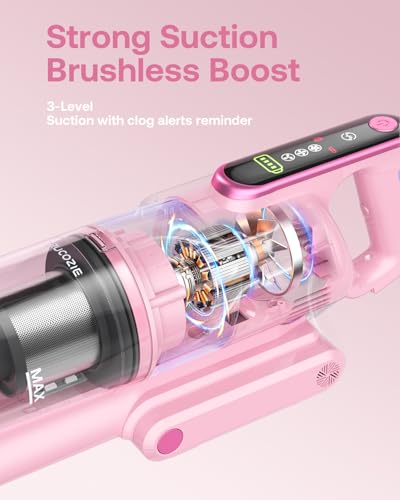 Cordless Vacuum Cleaner, 45Kpa 50 Mins Runtime Self-Standing Stick Vacuum Cleaners for Home, Powerful Suction, Lightweight, LED Touch Screen 8 in 1 Vacuum for Pet Hair, Carpet, Hardwood Floor, Pink