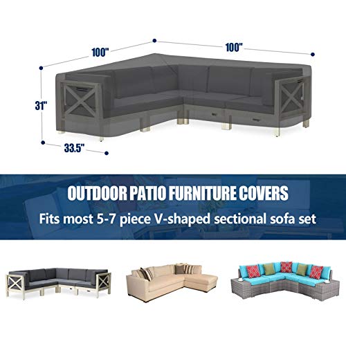 Patio Sectional Sofa Cover, Waterproof Outdoor V-Shaped Sectional Cover,Heavy Duty Garden Furniture Cover With 600 D,Air Vent,100" L X 100" D X 31" H #TOP1