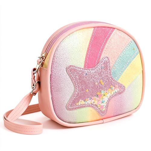 XDGBGFN Kinder Umhängetasche Regenbogen Mädchen Handtaschen mit Verstellbare Schultergurt Kinderhandtaschen Regenbogen Stern Crossbody Tasche Geldbörs Rosa