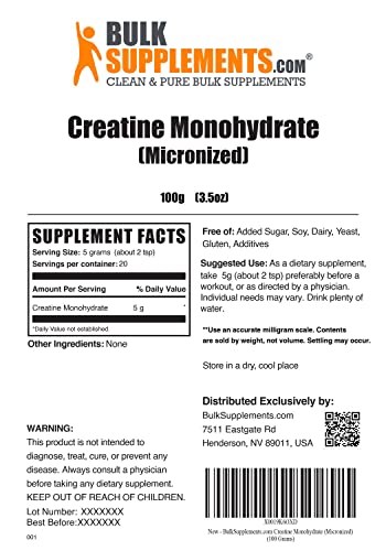 Bulksupplements.com Creatine Monohydrate Powder - Micronized Creatine Monohydrate - Creatine Pre Workout - 5G (5000Mg) Of Creatine Powder Per Serving, Gluten Free (100 Grams - 3.5 Oz) #TOP1