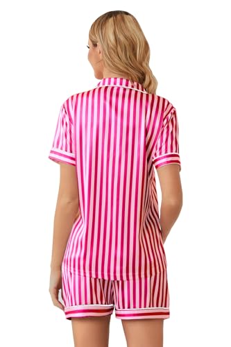 Image of Schbbbta Women Pajamas Set, 2 Pieces Satin Silk Button Down Pjs Short Sleeve Outfits Loungewear