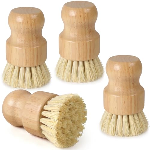 4 Pack Bamboo Dish Brush Set Natural Kitchen Scrub Brush with Sisal Bristles Wooden Dish Scrubber for Cleaning Dishes Pots Vegetables and Sink