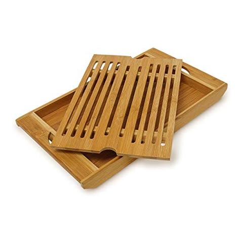 Relaxdays Bamboo Chopping Board 3 x 37 x 21.5 cm Kitchen Cutting Board with Bread Crumb Collector Tray, Easy to Clean, Natural Brown Cover