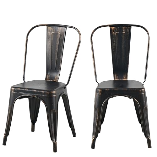 Image of Metal Dining Chairs with Back, Stackable, Distressed Black, 2 Pack | Easy Assembly, Non-Slip Feet, 330 lb Capacity, Kitchen, Restaurant, Cafe, Pub, Covered Patio