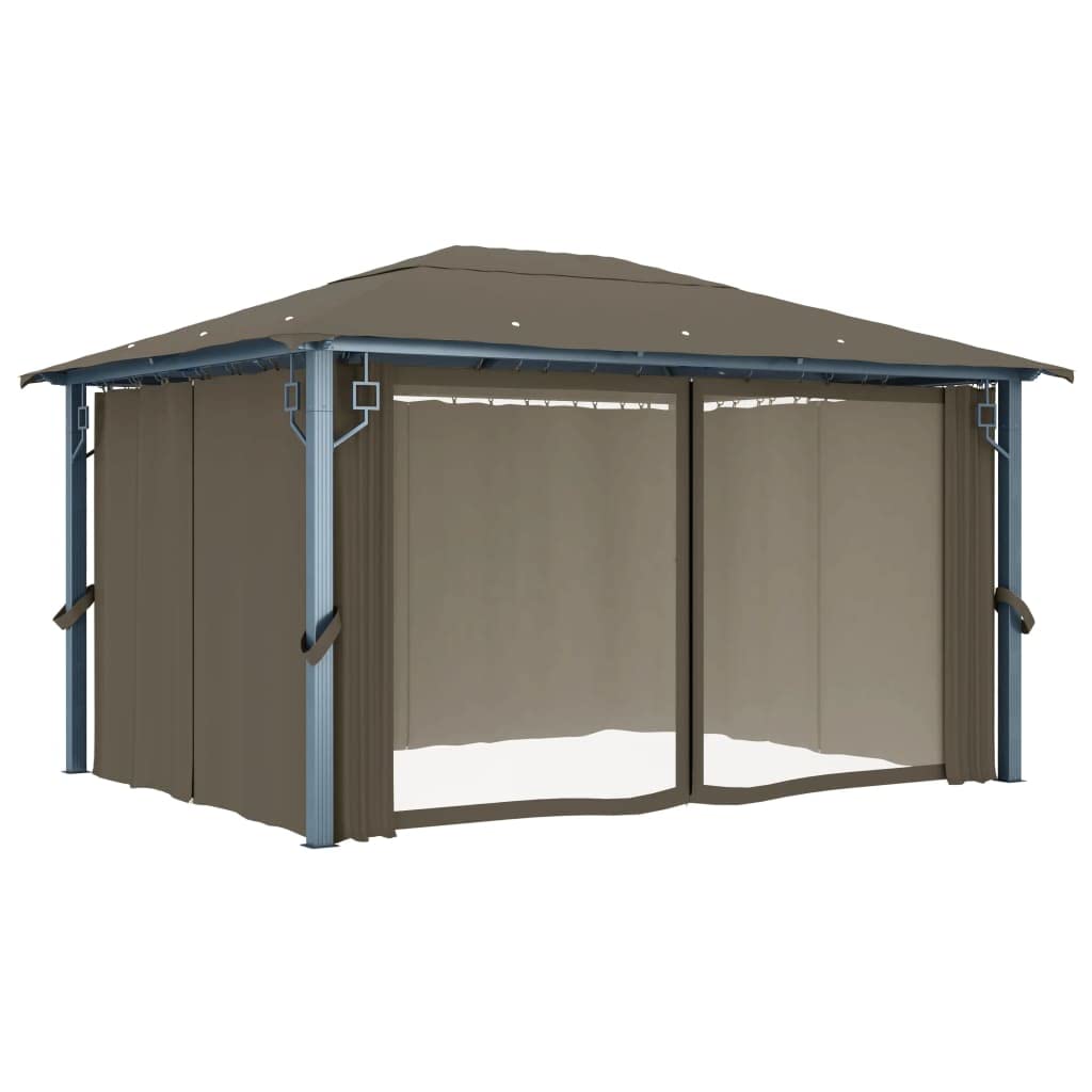 Pawilon z zasłonami i łańcuchem świetlnym LED, 400 x 300 cm, kolor taupe, aluminium, stal, pawilon ogrodowy na taras, balkon, imprezę w ogrodzie, grillowanie, uroczystości, z ochroną UV i