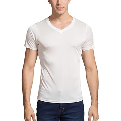 Grenasasilk Mens Mulberry Silk T-Shirts Short Sleeve Pure Silk Dress Tee Shirts Breathable & Moisture V-Neck Undershirt Top White Small Cover