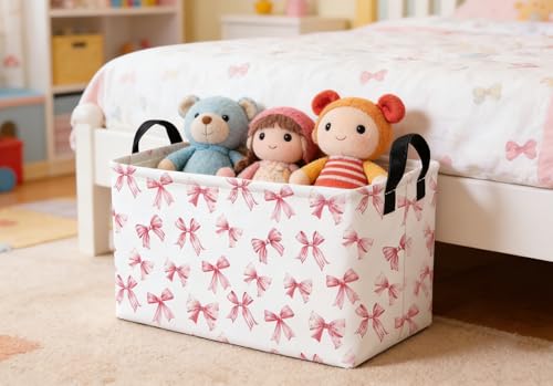 Image of Essme Rectangular Pink Baskets,Girls Storage Box,Cute Basket for Kids with Handles for Room Decor, Book Bins,Shelf Basket.(Pink Bowknot)