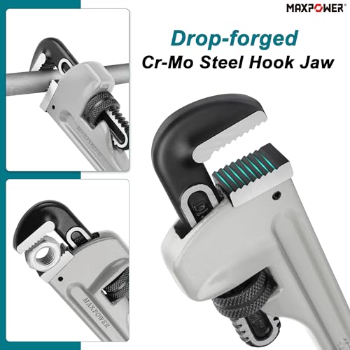 Image of MAXPOWER 10 inch Straight Pipe Wrench, 1 inch Jaw Capacity, 40% Lighter Aluminum Adjustable Plumbing Wrench, Cr-Mo Jaw, Drop Forged