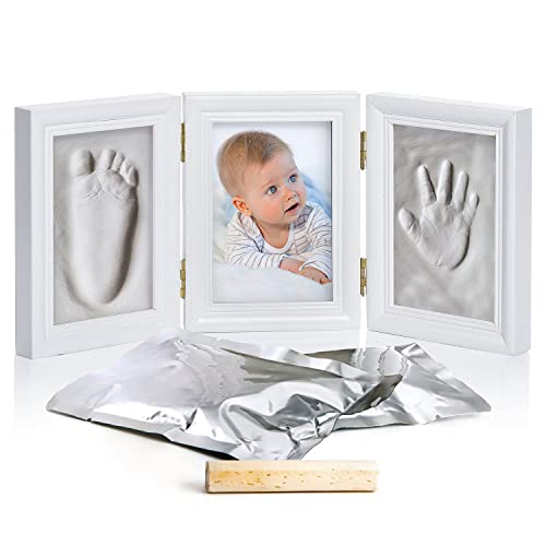 Baby Photo Frame Imprint/Ink Set - Rahmen für Handabdrücke, Füße und Fotos; Geschenkset zur Geburt, Taufe, Trennung mit Kind etc. 3-teilig weiß (Gips)