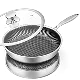 NQYZZFA Premium-Bratpfanne Mit Deckel, Antihaftbeschichtet, Kratzfest, Extra Tief, Groß, Chemikalienfrei, Edelstahlpfanne, Waben-Hybridpfanne Für Gasherd Und Induktionsherd,28cm