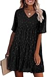 KIRUNDO Womens Summer Dresses 2024 Casual V Neck Short Sleeve Star Print Ruffle Loose Flowy Mini Babydoll Dress Maternity Dress (Star-Black, Large)