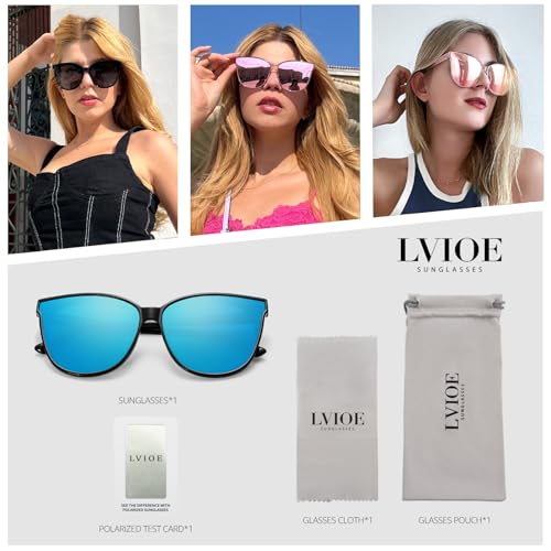 LVIOE Cat Eyes Mirrored Sunglasses for Women, Polarized Oversized Fashion Vintage Eyewear for Driving Fishing UV400 Protection (Black1, Blue)