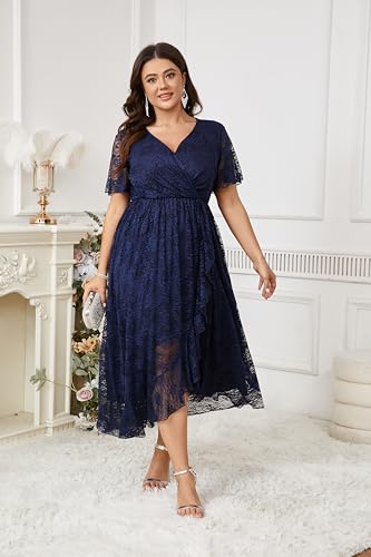 Image of SCOMCHIC Womens Plus Size Wedding Guest Dress Formal Lace Wrap V Neck High Low Short Sleeve Cocktail Maxi Dresses XL-4XL
