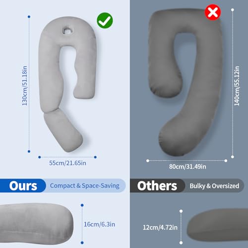 Pozico U-Shaped Full Body Pillow for Side Sleepers – 51-Inch Cooling Pregnancy Pillow with Ear Piercing Design for Neck, Back, and Hip Support – Removable Washable Cover Space-Saving Design