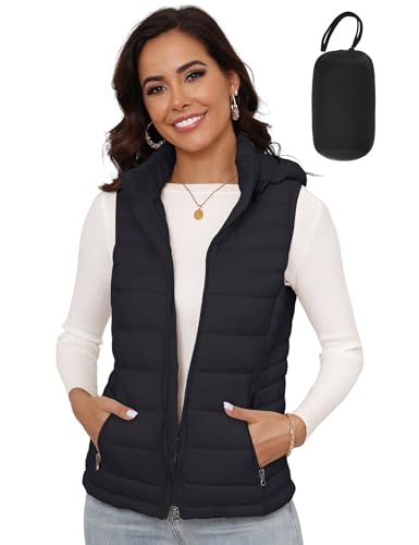 SLOW DOWN Womens Lightweight Puffer Vest, Womens Winter Packable Vest, Womens Puffy Vest with Removable Hood and Zip Pockets