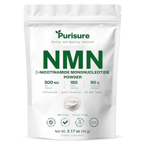 Purisure Pure NMN Powder Nicotinamide Mononucleotide Quick Dissolved NMN Supplement Powder 100% Unflavored NMN Supplement Supports NAD+ Levels Vegan Friendly Non-GMO 90g