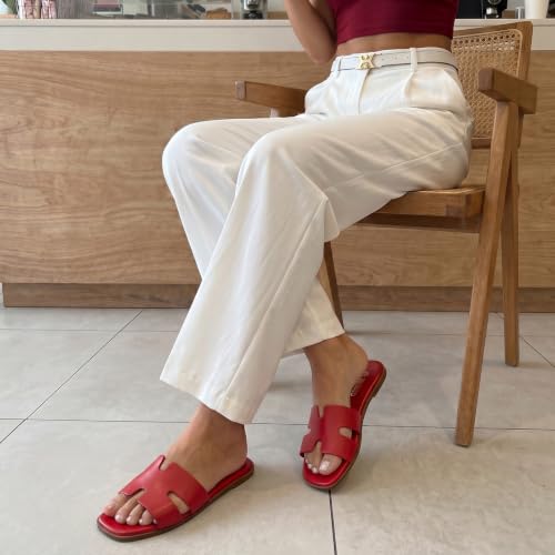 Image of Rihero Flat Sandals Women Dressy Comfortable Slip On Leather Slide Sandals