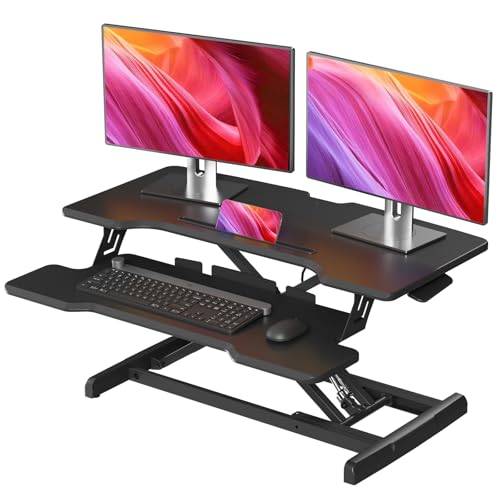 JYLH JOYSEEKER Standing Desk Converter 32 inch, Height Adjustable Sit Stand Desk Riser, Quick Sit to Stand Tabletop Dual Monitor Riser Workstation for Home Office with Keyboard Tray, Black