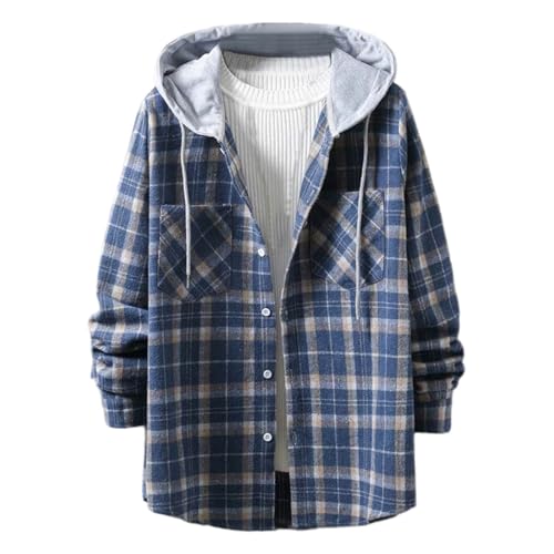 Mens Oversized Plaid Hoodie Button down Long Sleeve Sweatshirt Jacket Hooded Fall Outfits Ouerwear