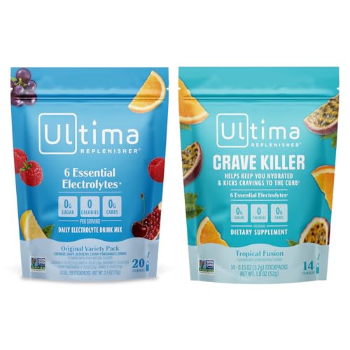 Image of Ultima Replenisher Electrolyte Powder Drink Mix Bundle - Sugar Free - Variety, Crave Killer - 20 Stickpacks, 14 Stickpacks - 6 Electrolytes and Minerals - Keto Friendly, Vegan, Non-GMO