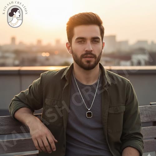 Image of Men's Stainless Steel Pendant Chain | Anti-Tarnish Silver Geometric Pendant Chain with Black Enamel Locket | Premium Stylish Neck Chain for Boys & Men | Durable Daily Wear Jewellery Gift for brother, Boyfriend and Husband