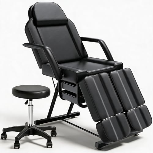Grativia Tattoo Chair for Client, 3-Section Adjustable Facial Esthetician Bed Table with Hydraulic Stool, Multi-Purpose Spa Beauty Chair for Eyelash Extensions, Microblading, Waxing, Massage, Black