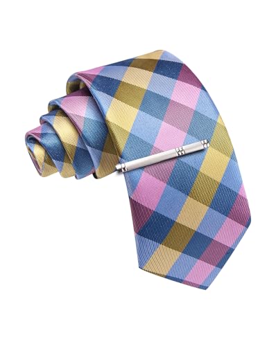 Image of Barry.Wang Plaid Ties Mens Silk Necktie and Tie Clip Checkered Tie for Wedding Party Business Formal