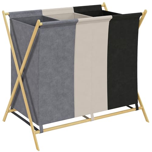 HOMCOM Wäschekorb mit 3 Fächern 129L Klappbar Wäschesammler Bambus mit Wäschesack, Laundry Baskets Wäschebox Wäschesortierer für Waschküche Schlafzimmer Badezimmer Mehrfarbig