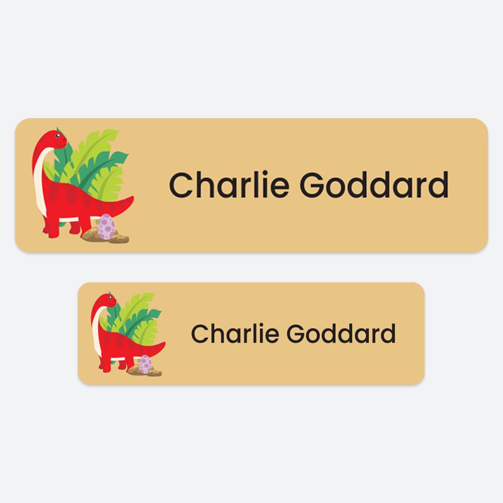 50 x No Iron Medium Personalised Stick On Waterproof Washable Name Labels Great for Clothes, School Uniform, Equipment, Shoes and Much More. School, Nursery, Day Care, Hospital - Red Dinosaur