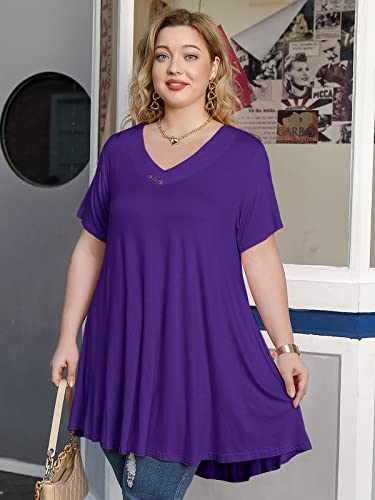 Larace Plus Size Tops For Womens T Shirts Button Down Summer Clothes Short Sleeve Tunics Casual V Neck Blouses(Deep Purple 3X) #TOP3
