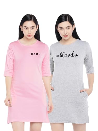 Image of STATUS MANTRA Long T-Shirt Dress for Women - Cotton Knee Length T Shirt Top | 3 /4th Sleeves, Soft Bio-Washed Fabric | Stylish Regular Fit Crew Neck
