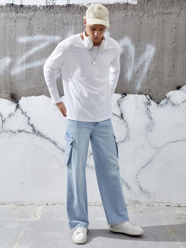 Image of KOTTY Men's Loose Fit Cargo Denim Jeans - Vintage Washed Utility Jeans with Side Pockets