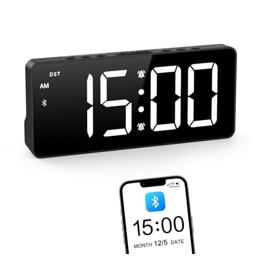 ORIA Digital Alarm Clock, LED Bedroom Clock with Bluetooth Sync Time, Auto Sync Time Alarm Clock, Adjustable Volume Brightness, Snooze, Rechargeable Large Display for Home Living Room