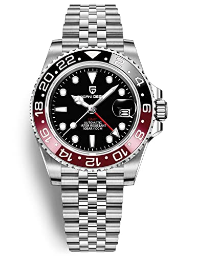 Pagani Design Herrenuhr Automatik Mechanische Uhr GMT Dual-Zeitzone Armbanduhren Edelstahl Zweifarbige Keramiklünette 100M Wasserdicht PD-1662 (5 Schwarz Rot)