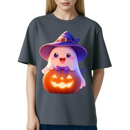 IRUD Halloween Shirts for Women - Pumpkin Ghost Wizard Hat Pattern Round Neck Short Sleeve - image 3