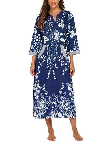 Image of Ekouaer Women Zipper Robe 3 /4 Sleeves Loungewear Dress Full Length Sleepwear Pockets Housecoat Nightgown Long Bathrobe
