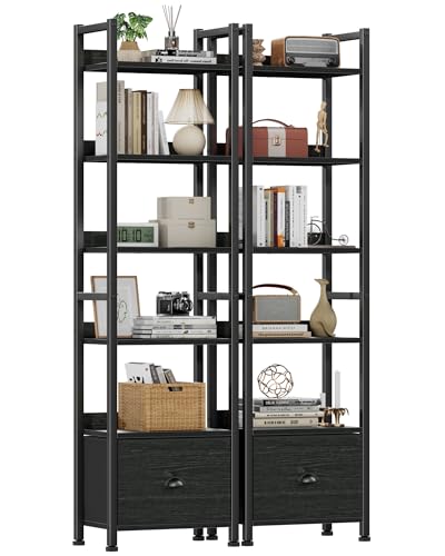 Image of Furologee Book Shelf Set of 2, 6 Tier Tall Shelf with Drawer, Bookshelves and Bookcases Set of 2, Industrial Display Shelving Unit for Bedroom, Living Room, Home Office, Black Oak