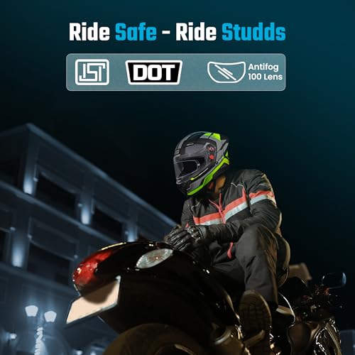 Image of STUDDS Helios Asphalt Full Face ISI and DOT Certified Helmet with Dual Visor MATT Black & Green - XL