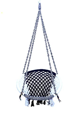 Poshclub PremiumHandmade Cotton Rope Home Swing Jhula for Adults & Kids Suitable for Living Room, Balcony, and OutdoorIncludes Free Hanging Accessories ( Capacity Upto 120 Kgs) (White and Black)