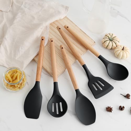 5Pcs Kitchen Utensil Set, Homikit Silicone Cooking Utensils with Wood Handle, Heat Proof Spatula Turner Spoon Set for Non-Stick Cookware, Healthy & Easy Clean, Black - Image 5